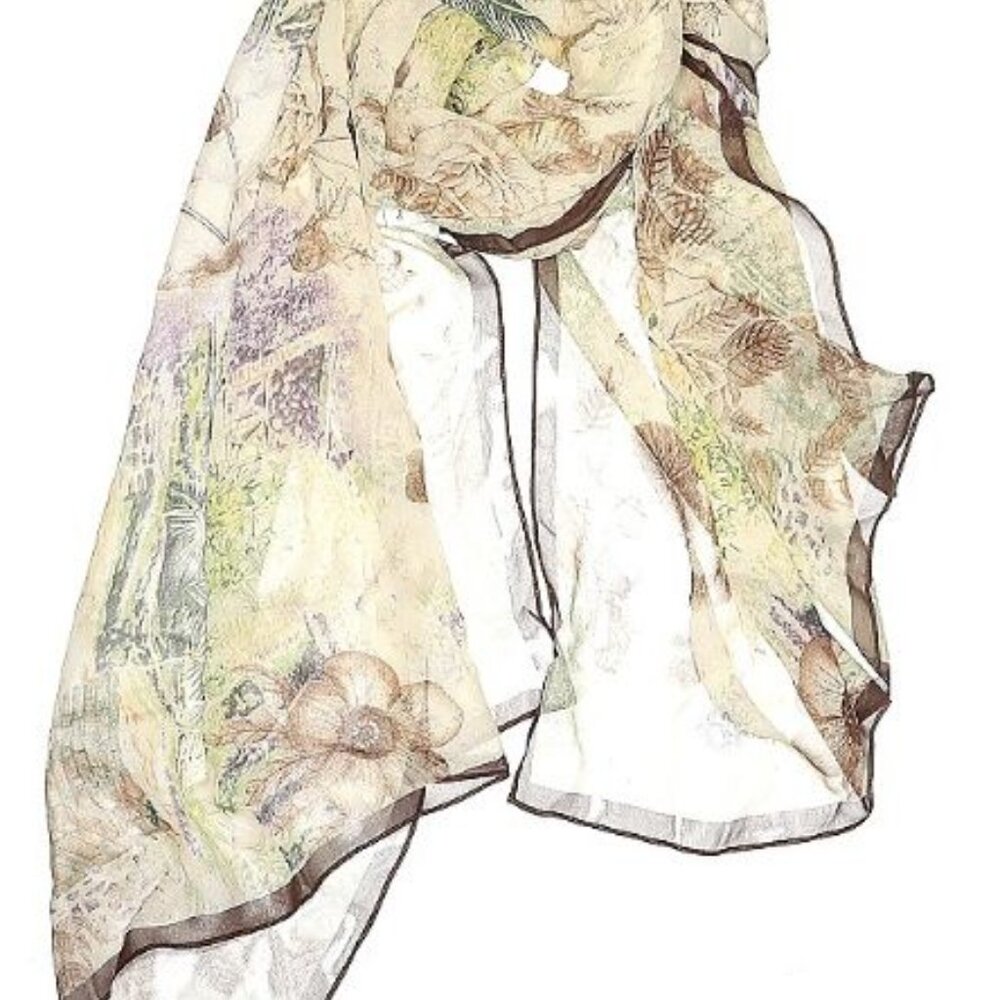 Cabi 100% Silk Floral Ivory Brown Silk Scarf